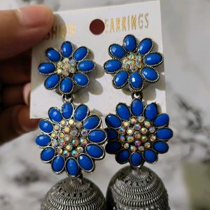 Women Fashion Earrings Blue Stones Oxidised Silver