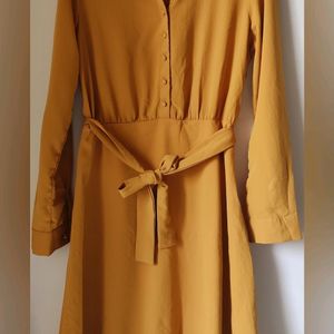 Harpa Mustard Yellow Fit And Flare Dress (Size-M)