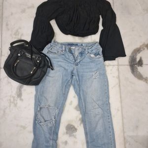 Combo Of 3 Set Purse, Jeans And Crop Top