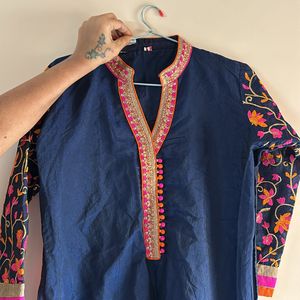 Women Blue Embroidered Cotton Kurta