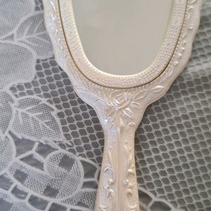 Ivory White Hand Mirror with carved roses