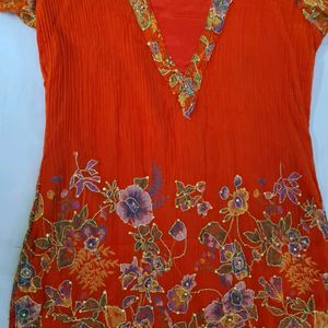 Red Floral Chiffon kurta with sequins & embroidery