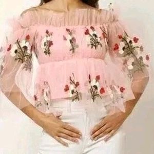 Peach Ladies Party Wear Net Printed Crop Top