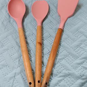 Silicon Spatula With Wooden Handle Set