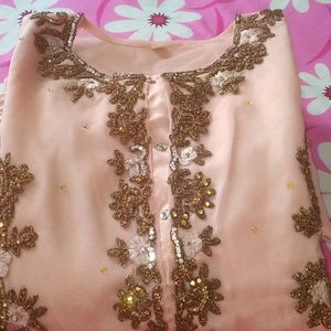 Peach Embroidered Partywear 3 Piece Set For Girls.