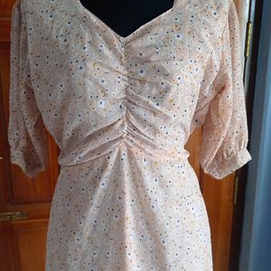 Summer Peach Floral sweetheart Neck Dress