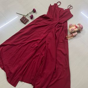 Berrylush Women Solid Red V-Neck Flared Maxi Dress