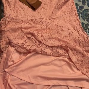 Knee Length Net Bright Peach Dress With Brown Belt