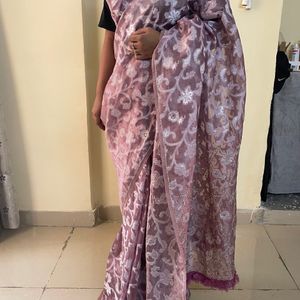 Party Wear Banarsi Saree With Moti And Tread Work