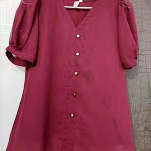 Estonished Wine Georgette Puffed Sleeves Top