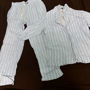 Tokyo Talkies Women Blue & White Striped NightSuit