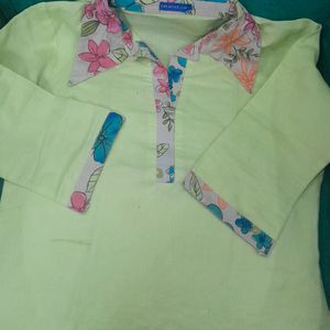 Lime Yellow Kurti With Multi Color Collared Neck