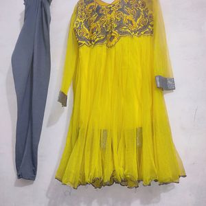 yellow net frock with rayon legging