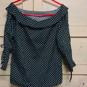 Polka Print Boat Neck Black Top