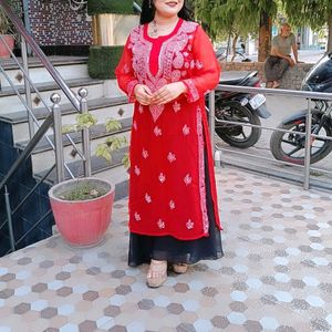 Red Mirror Work Chikankari Kurti