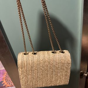 Beige Wicker Bag With Chain Handle