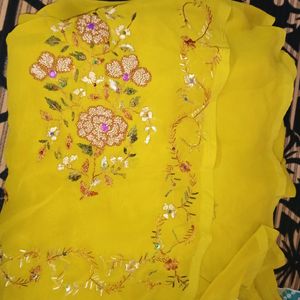 Thread Work Biscuit Yellow Saree