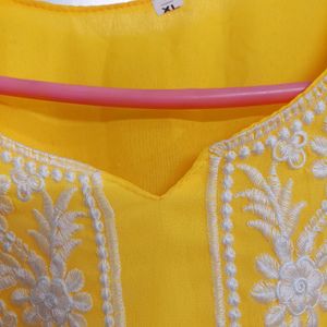 Yellow New Short Chickenkari Kurti