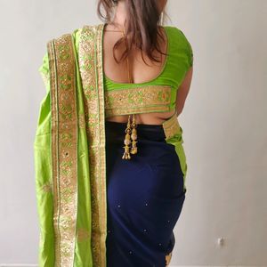 Party Wear Saree Combination Of Green & Navy Blue