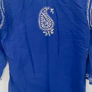 Elegant Blue Kurti With White Paislay Embroidery