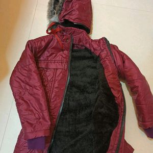 Maroon Winter Fur Woollen Jacket For Kids Girls