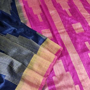 Navy Blue And Pink Jute Silk Saree