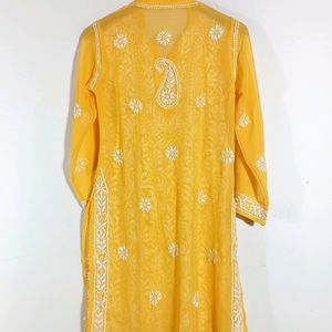 Bright Yellow Chikan-Kari Kurti With Cotton Inner