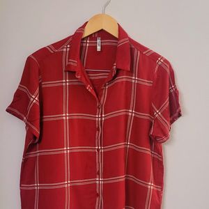 Red Checked Casual Half Sleeves Shirt Collar Women