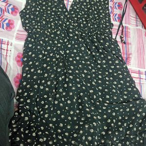 Short Black Pinafore Floral Deep V Neck Dress