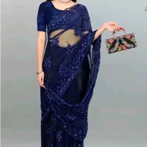 Blue New Net Saree with Blouse पीस Attached