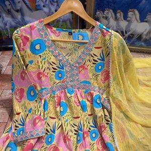 Beautiful Yellow Alia Cut Kurta Set With Dupatta ❤