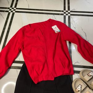 Red Cardigan With Black Trouser And Flat Wth Kurti