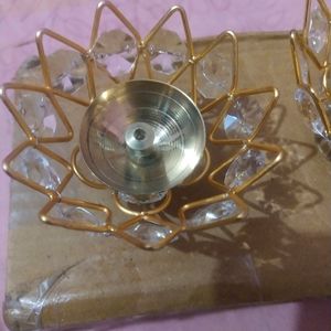 Lotus Brass Nd Crystal Diya Set Of 2 For Pooja