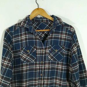 Navy Blue Checks Shirt Style Top For Women's