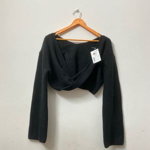 Black Flared Sleeve Deep Neck Sweater