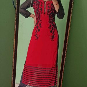 Red And Black Long Straight Embroidered Kurta