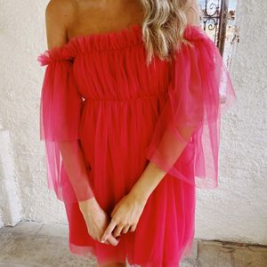 Off Shoulder Ruffle Mesh Gown - Red