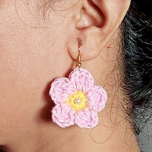 Handmade Crochet Pink Flower Earrings