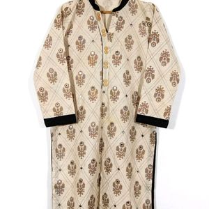 Cream And Brown Printed Collar Neck Kurti (Women)