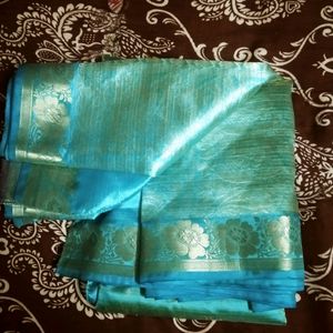 Teal Blue Colour Saree With Embroidery Flowers