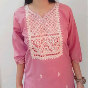 Pink Kurti With White Embroidery