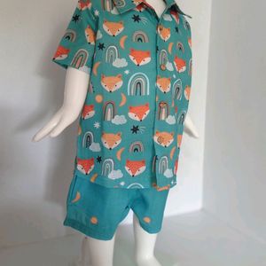 Half Sleeves Shirt & Shorts Set With Wolf Print