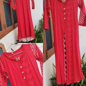 Red Net Kurta with Slit and Inner Lining