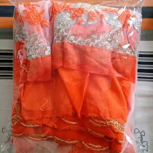 Net Embroidered Orange Saree