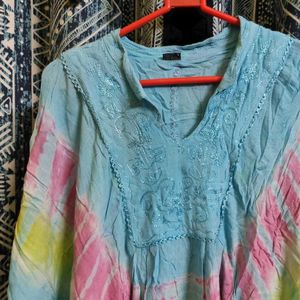 Sky Blue Boho Kaftan Top With Threadwork