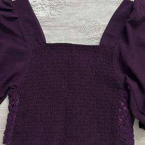 Woven Puff Sleeves Wine Crop Top