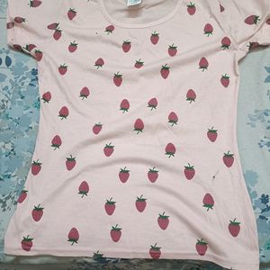 Peach Colour Strawberry Design Casual T Shirt