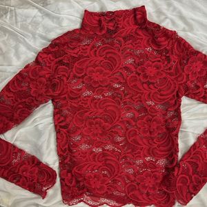 Gorgeous Floral Netted Full Sleeve Red Top