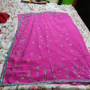 Thin Lace Border Mirror Work Pink Saree