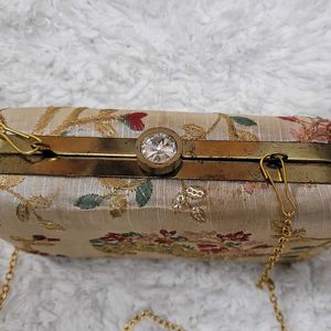 Beige Dupion Hand Embroidered Clutch Bag